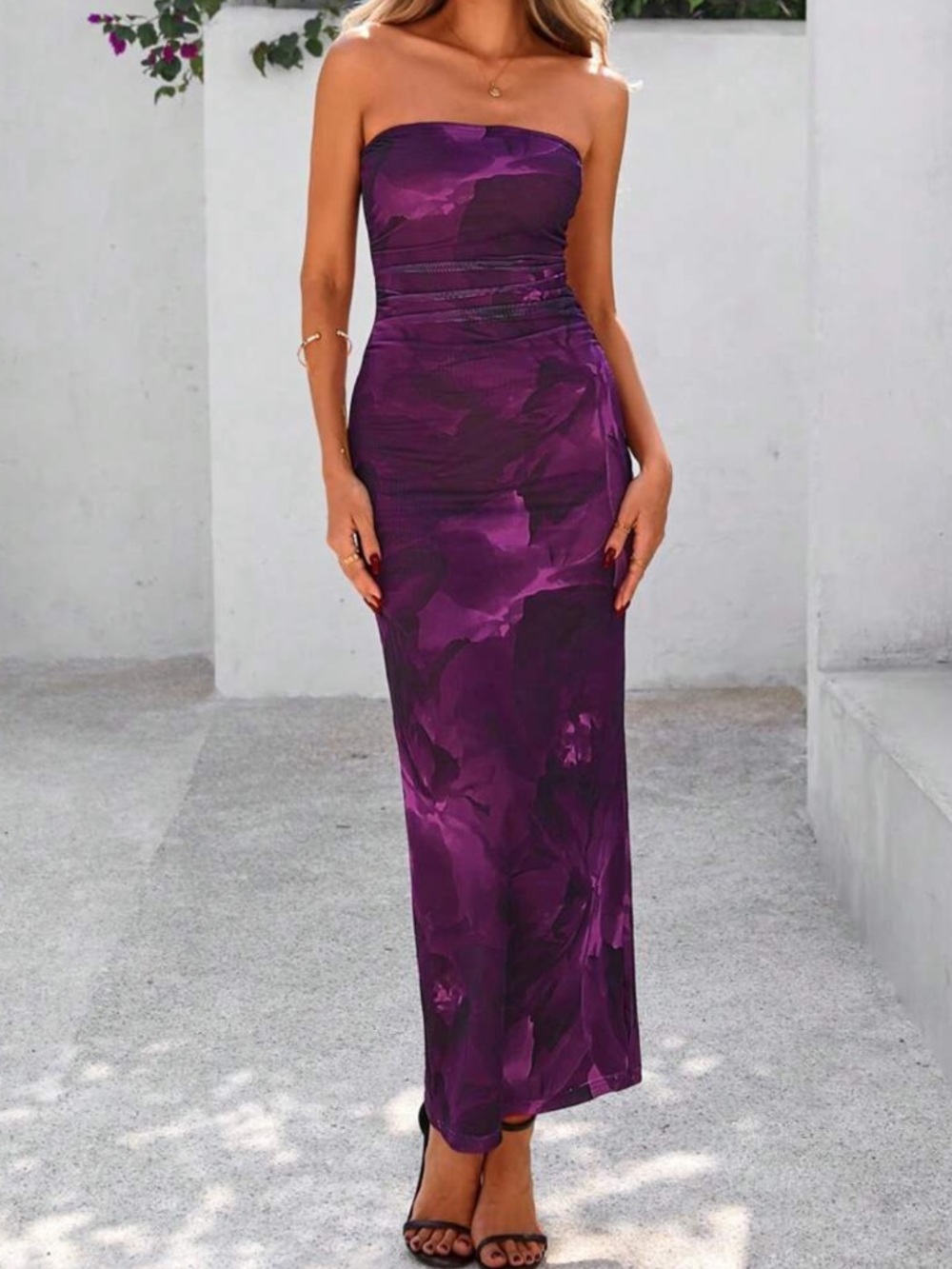 Purple Leaves Strapless Maxi